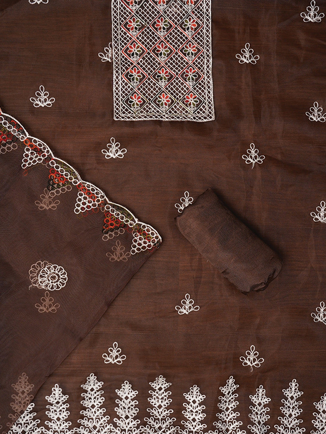 Brown Zari Embroidered Organza Dress Material with Dupatta