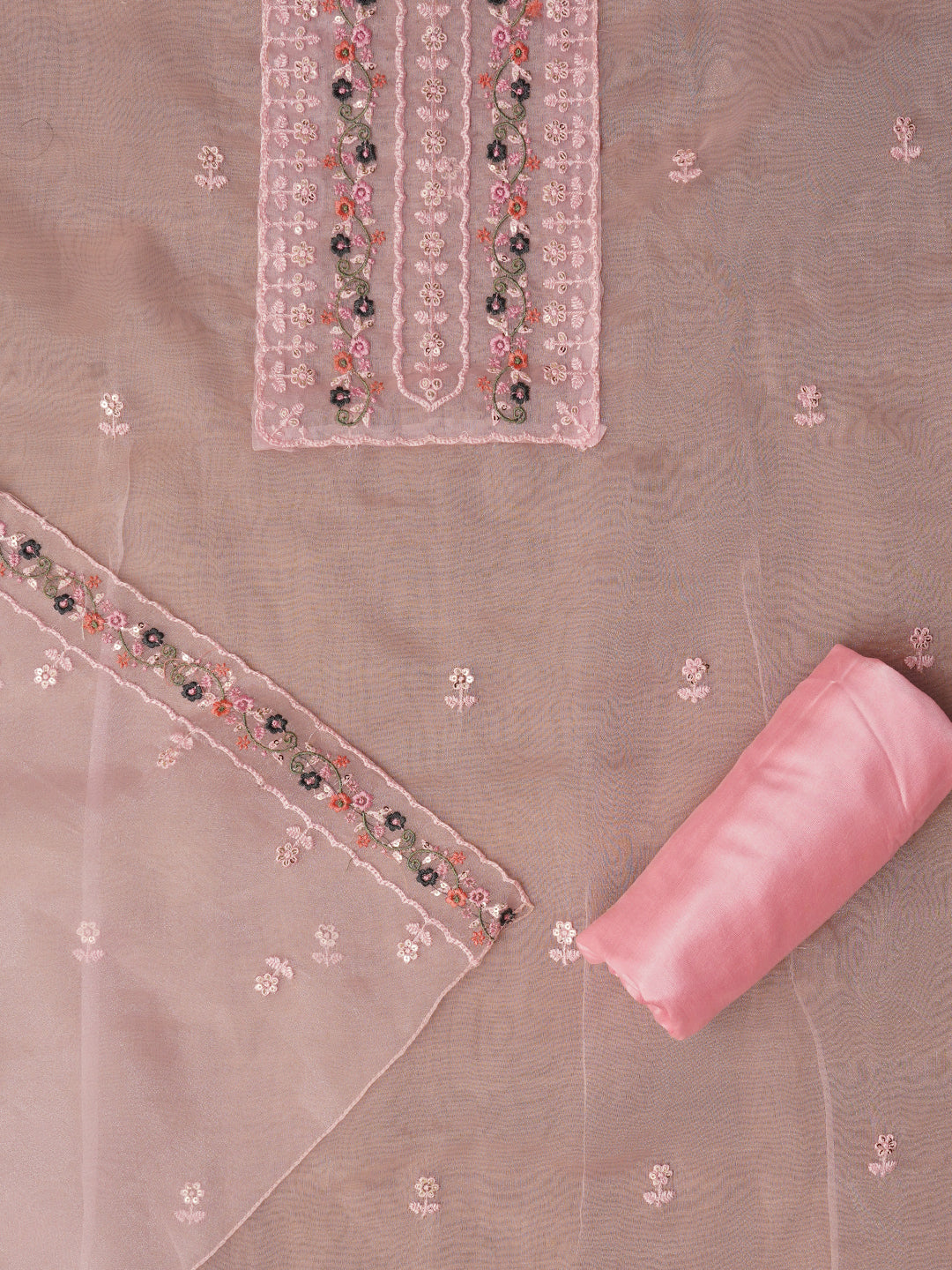 Unstitched Embroidered Organza Baby Pink Dress Material With Dupatta