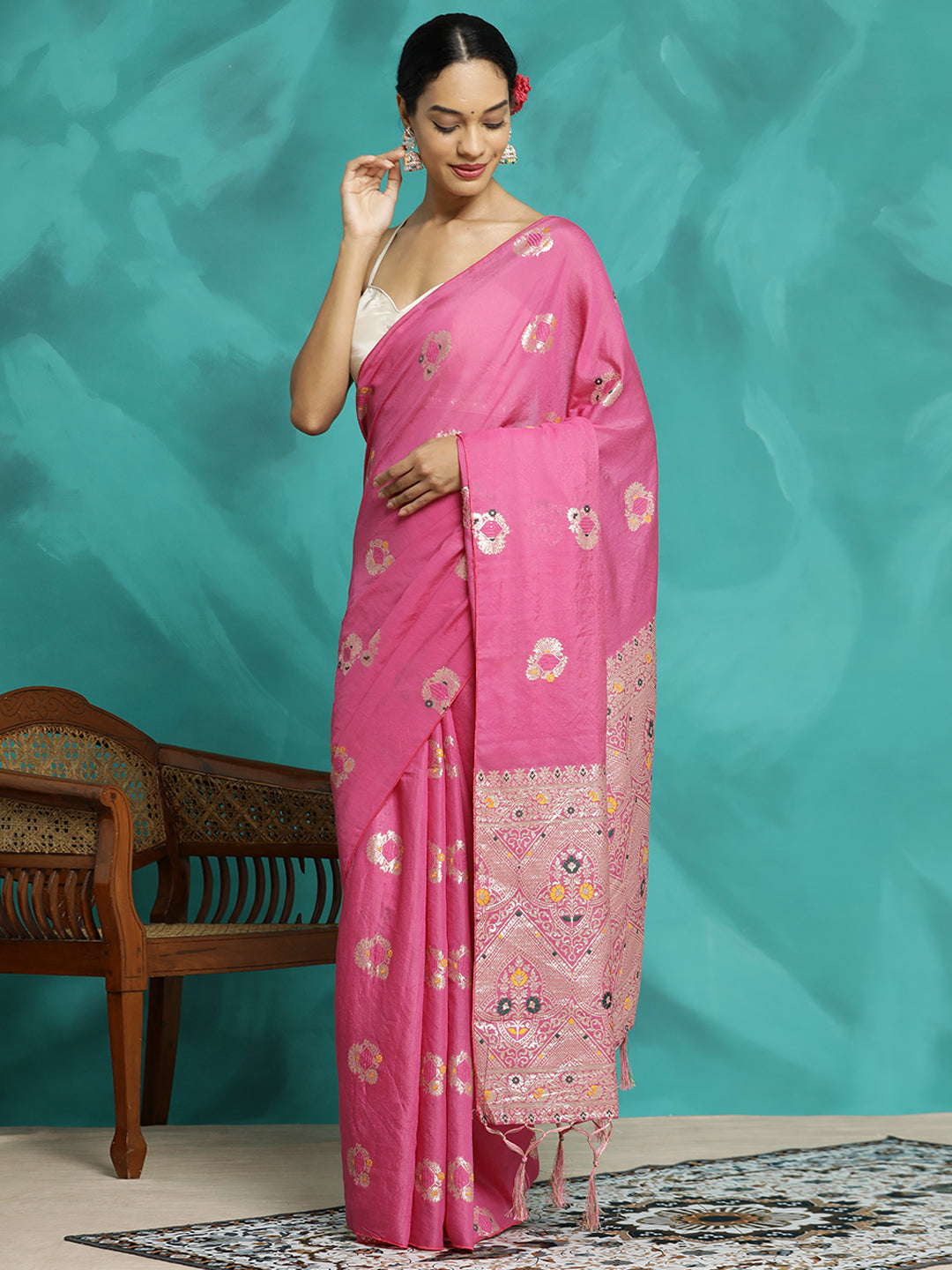 Pink Silk Blend Party Wear Banarasi Saree