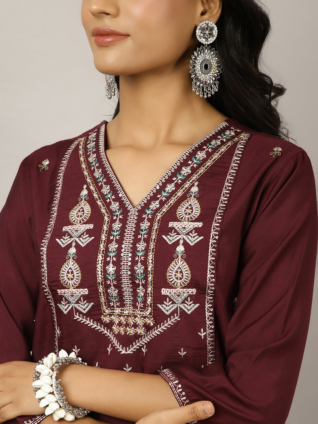 Silk Blend Wine Embroidered Suit Set