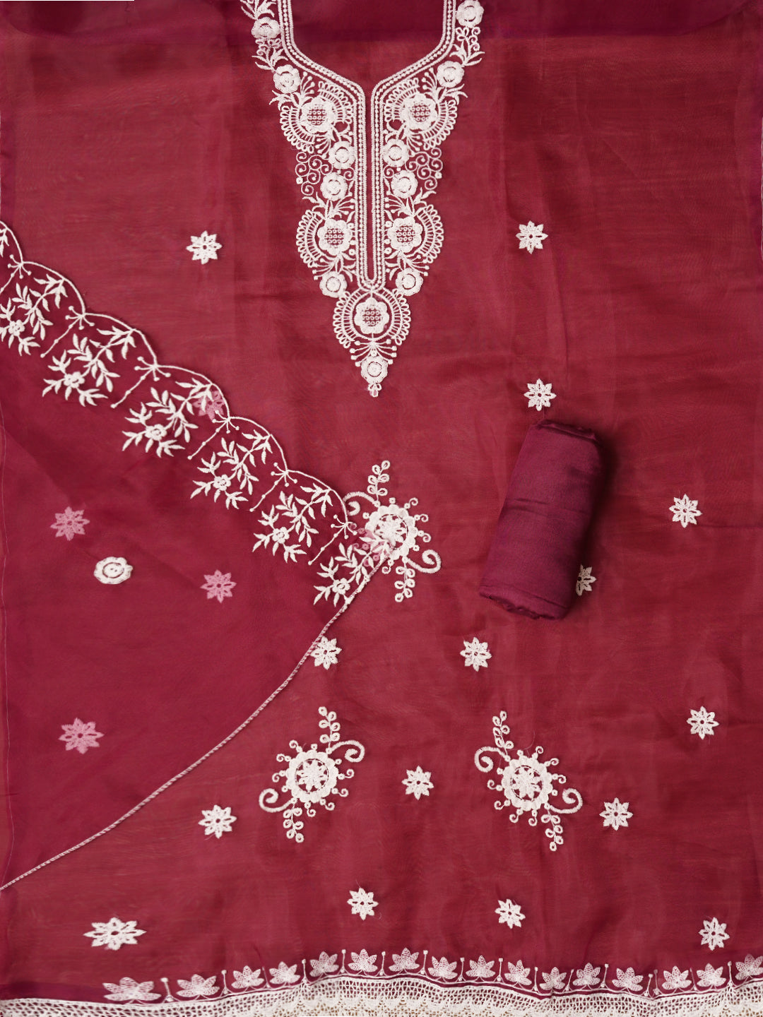 Purple Thread Embroidered Organza Dress Material with Dupatta