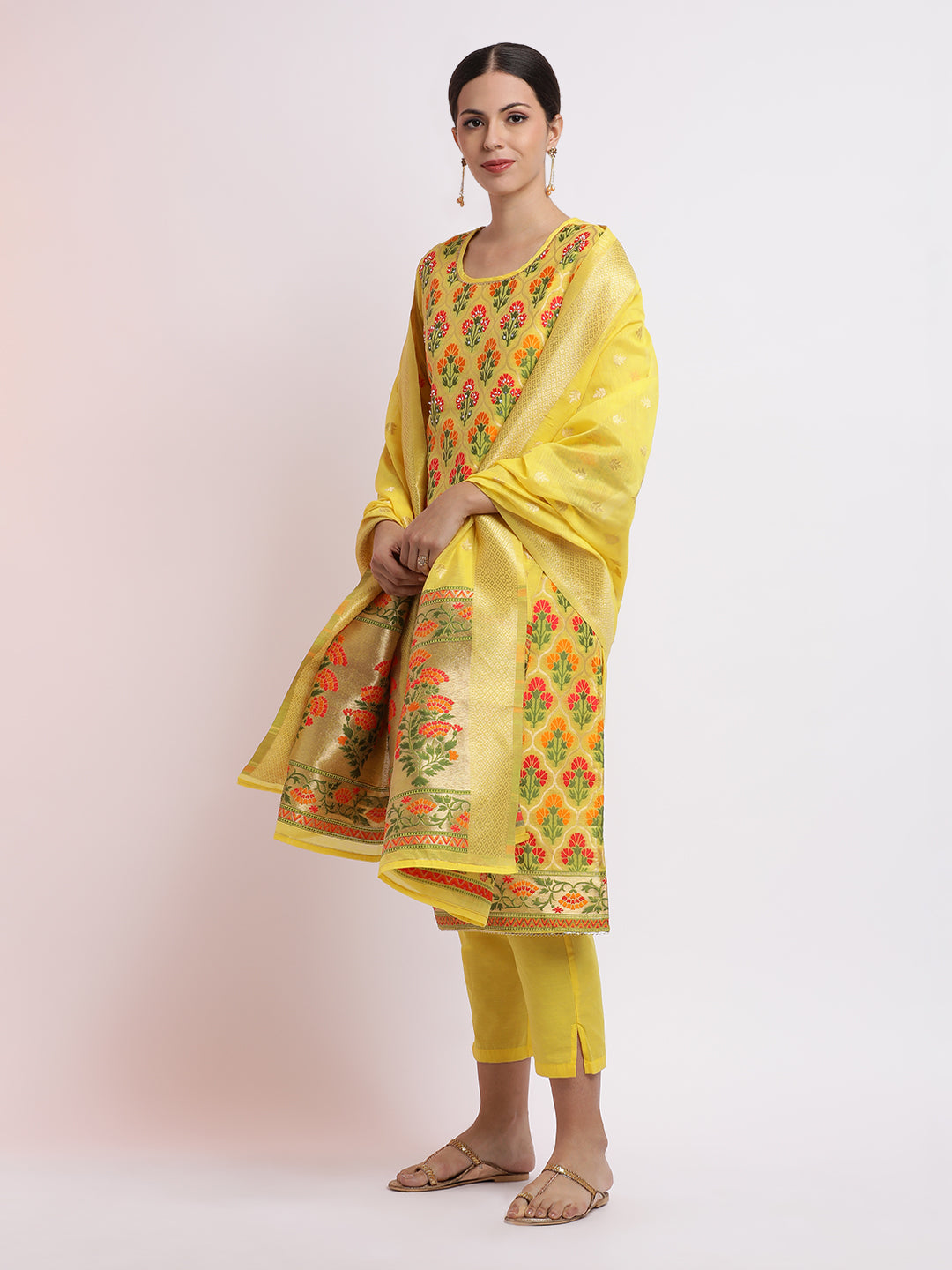 Yellow Woven Design Jacquard Kurta Set With Dupatta