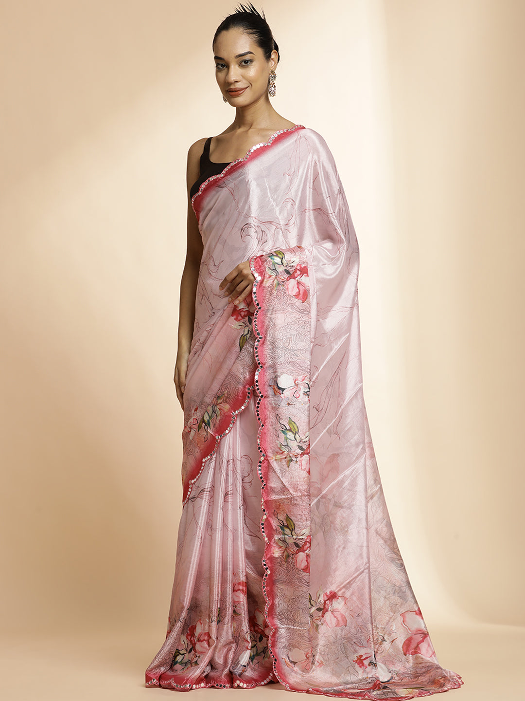 Pink Mirror Work Satin Floral Saree