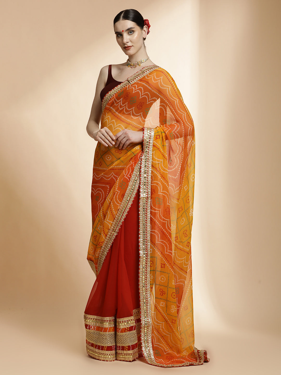 Yellow Traditional Bandhani Embroidered Pure Georgette Saree