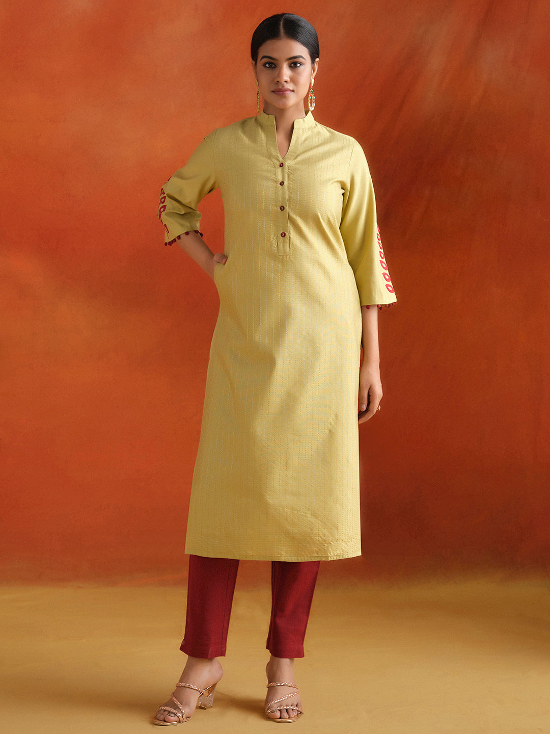 Green Chanderi Kantha Embroidered Straight Kurta