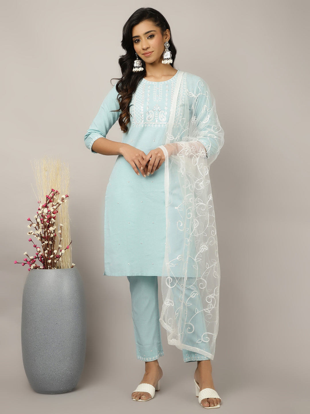 Light Blue Sequin Embroidered Suit Set