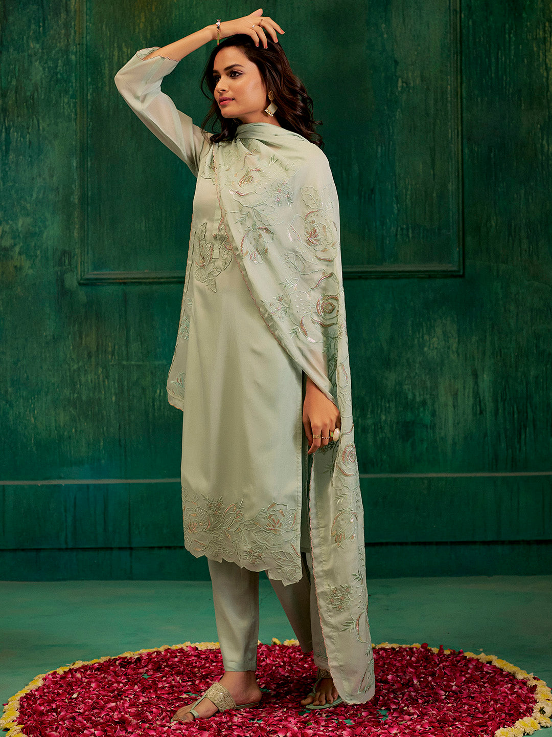 Mint Green Hand Embroidered Festive Kurta Set With Dupatta