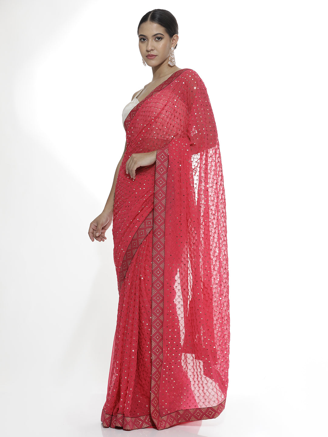 Party Wear Sequin Work Georgette Pink Saree