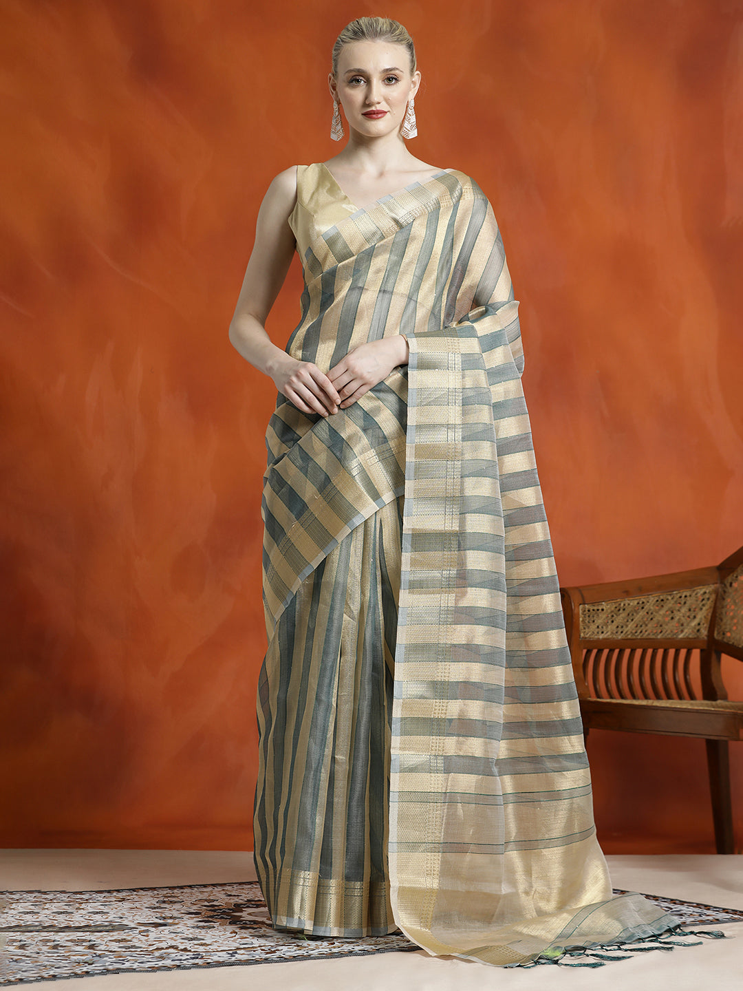 Green Striped Embellished Banarasi Organza Saree