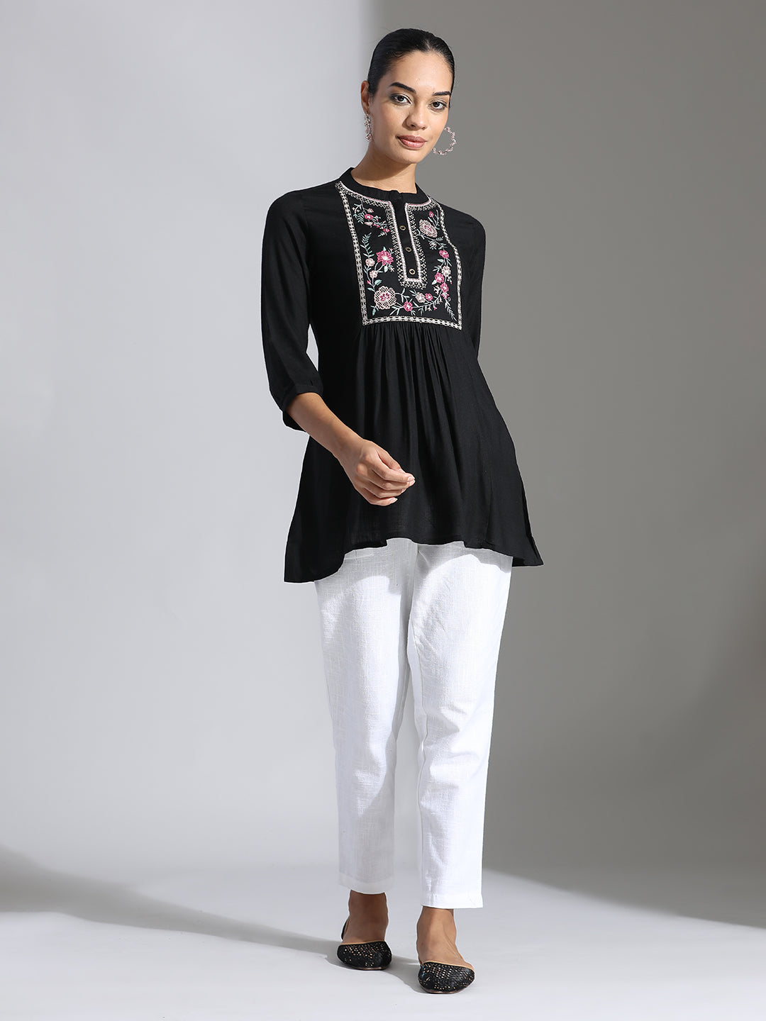 Black Embroidered Party Wear A-line Top