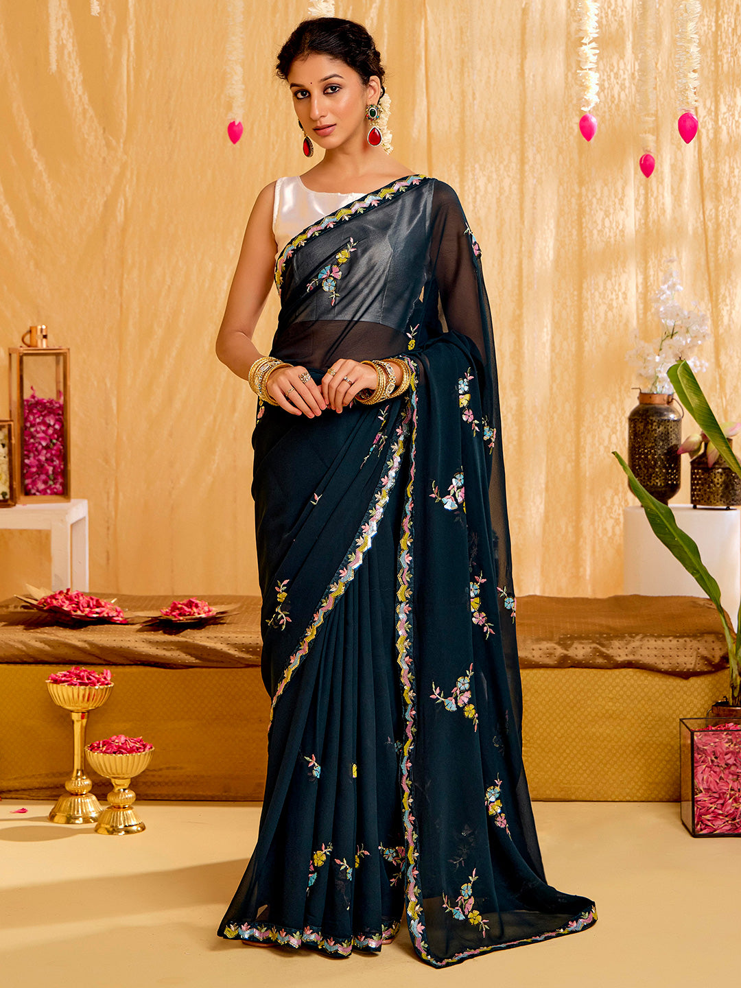 Teal Pure Georgette Sequin Work Party Wear Saree