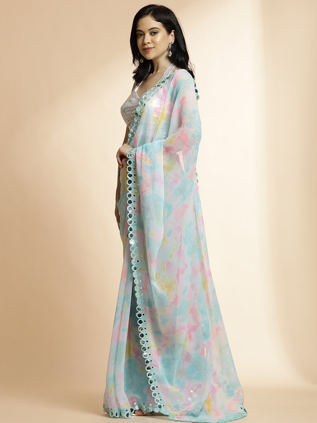 Sky Blue Tie-Dye Mirror Work Pure Georgette Saree