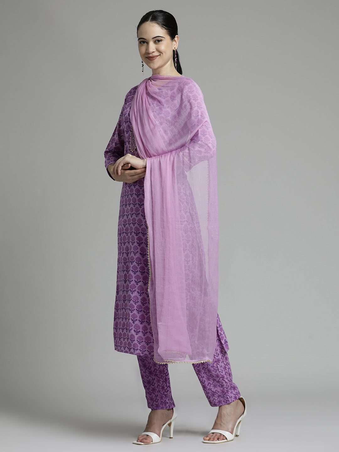 Ethnic Printed Pure Cotton Purple Suit Set