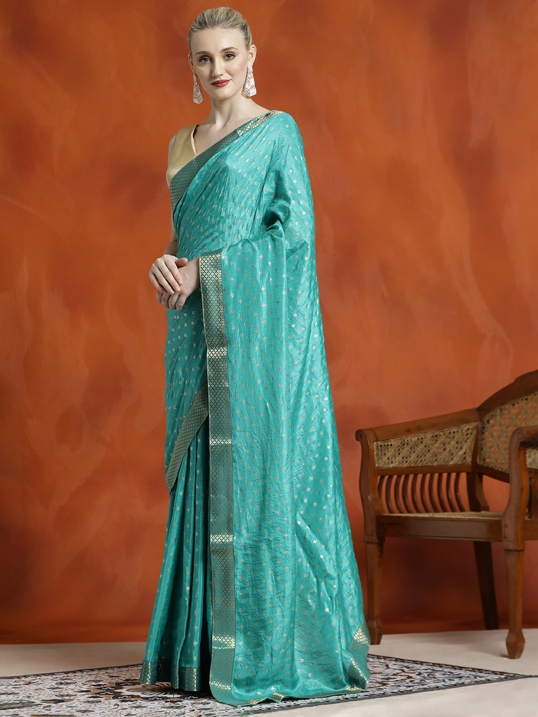 Sea Green Silk Blend Floral Zari Woven Heavy Saree