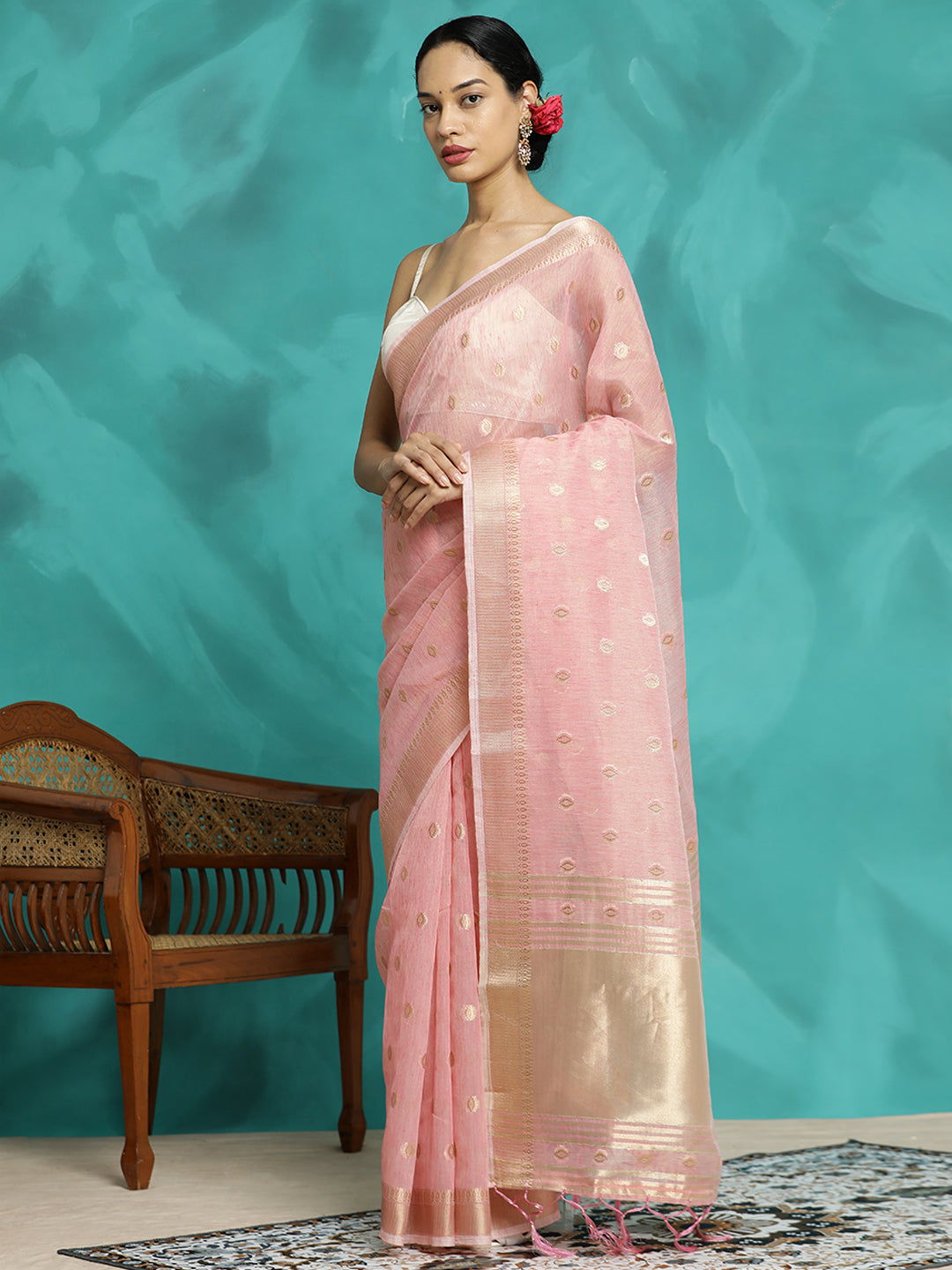 Party Wear Banarasi Organza Pink Saree