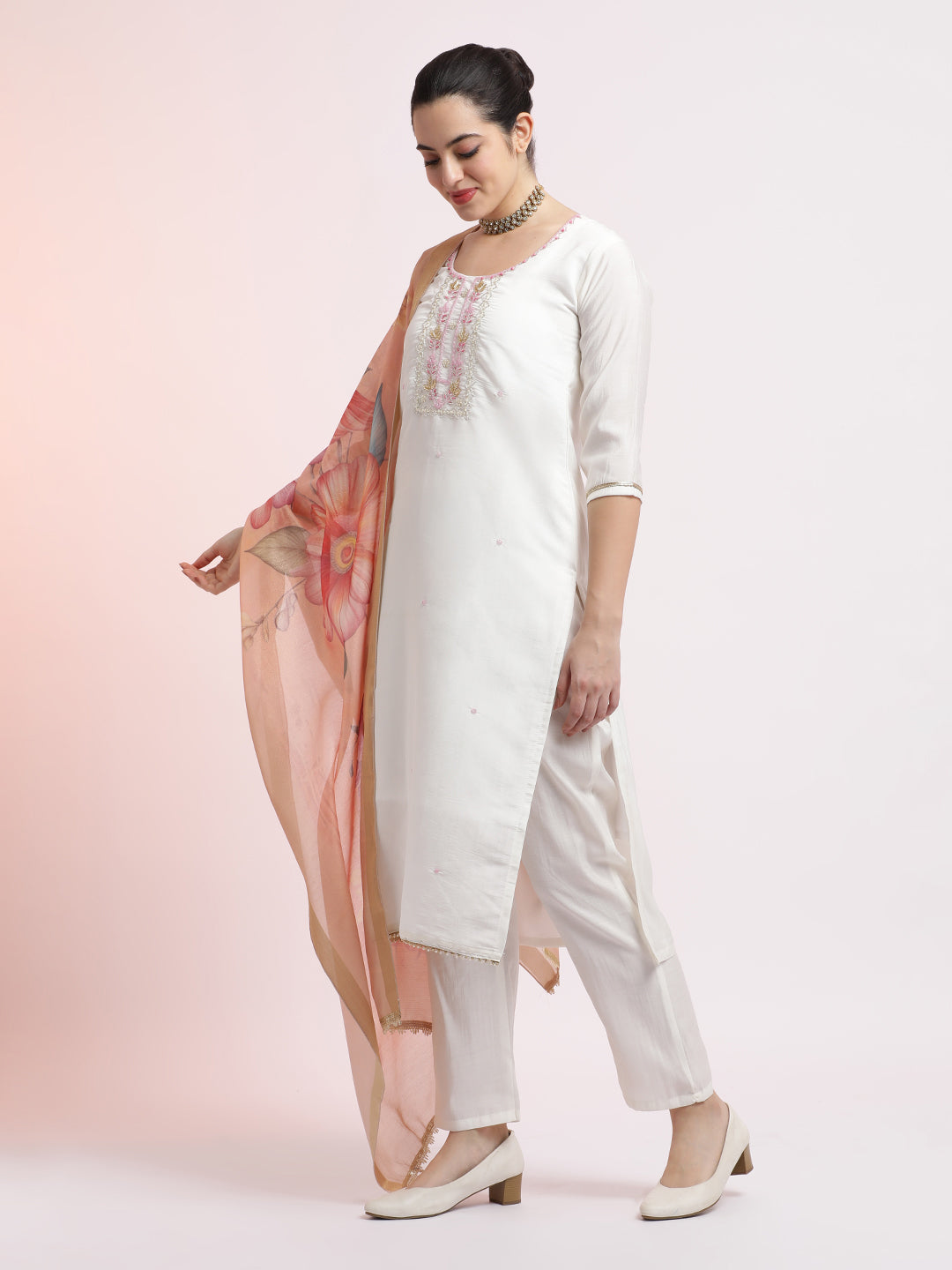 White Embroidered Cotton Festive Kurta Set With Dupatta