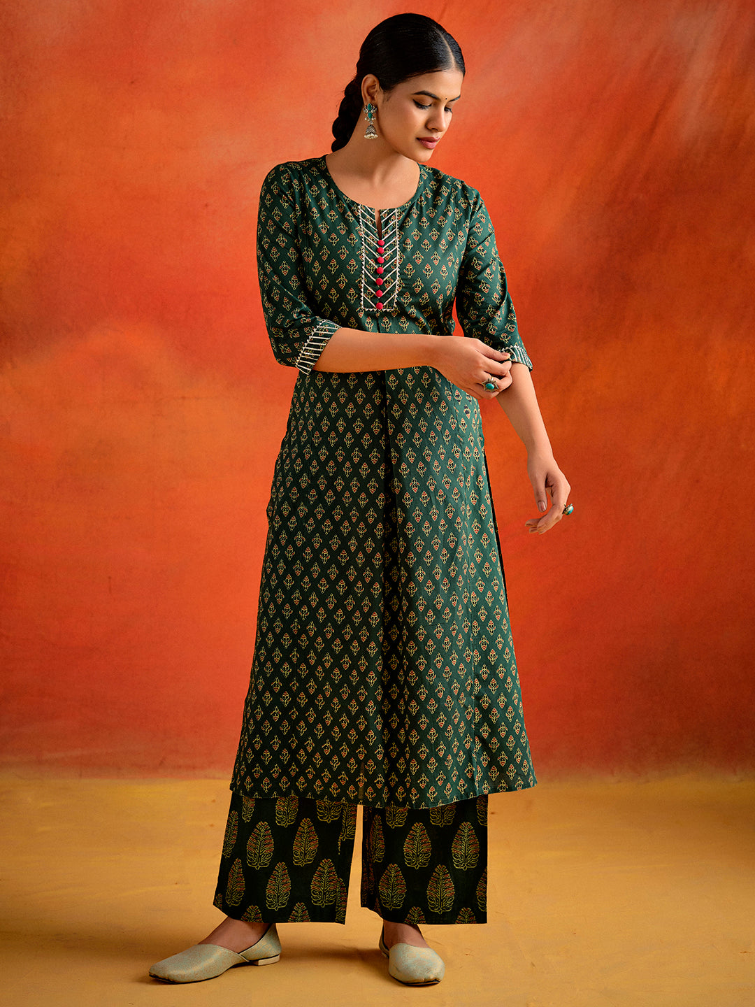 Dark Green Ethnic Motif Printed Straight Kurta With Palazzo