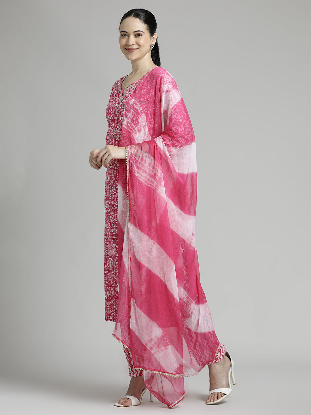 Ethnic Printed Cotton Pink Kurta Set With Dupatta