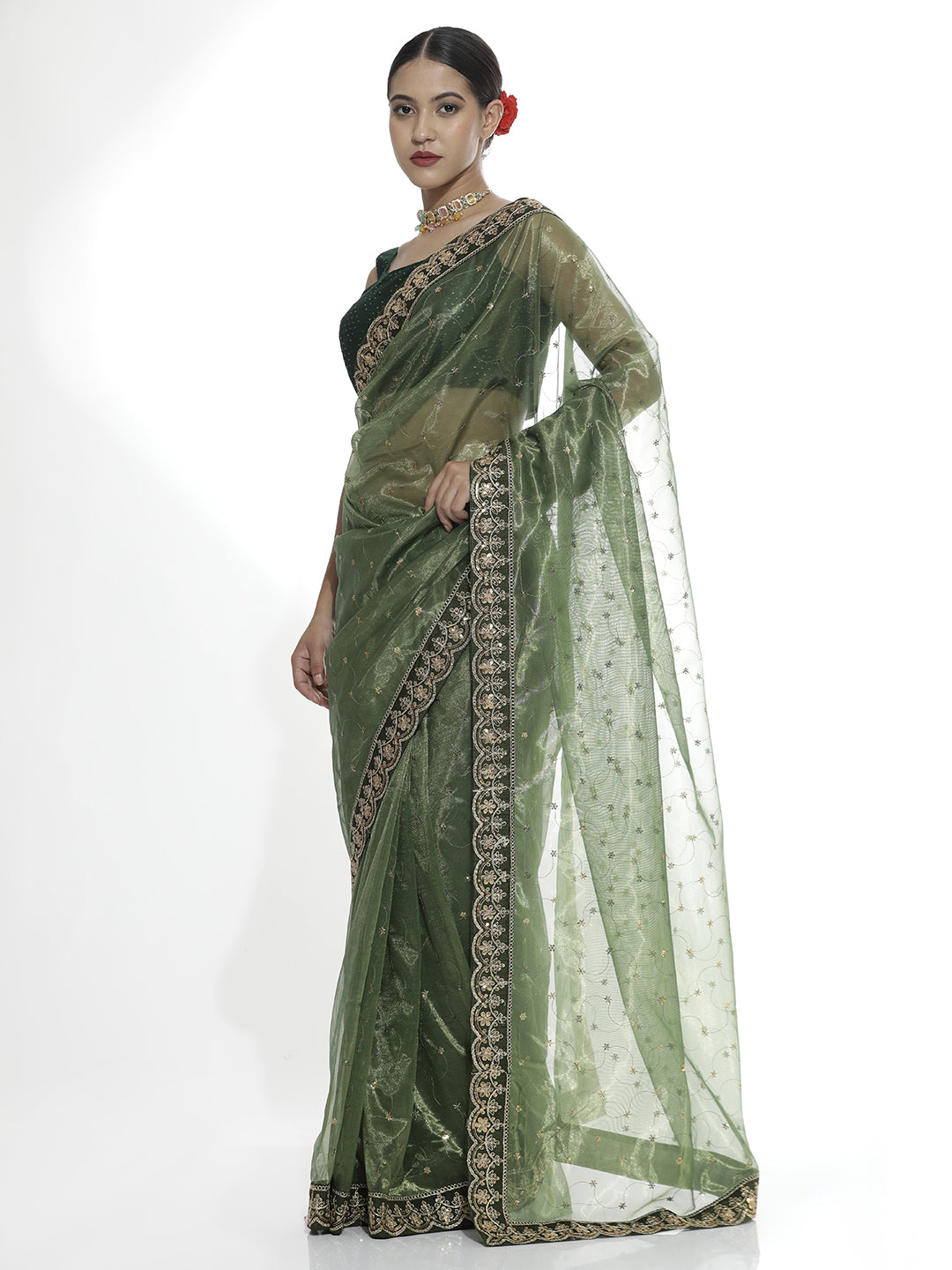 Green Sequin Embroidered Net Party Wear Saree