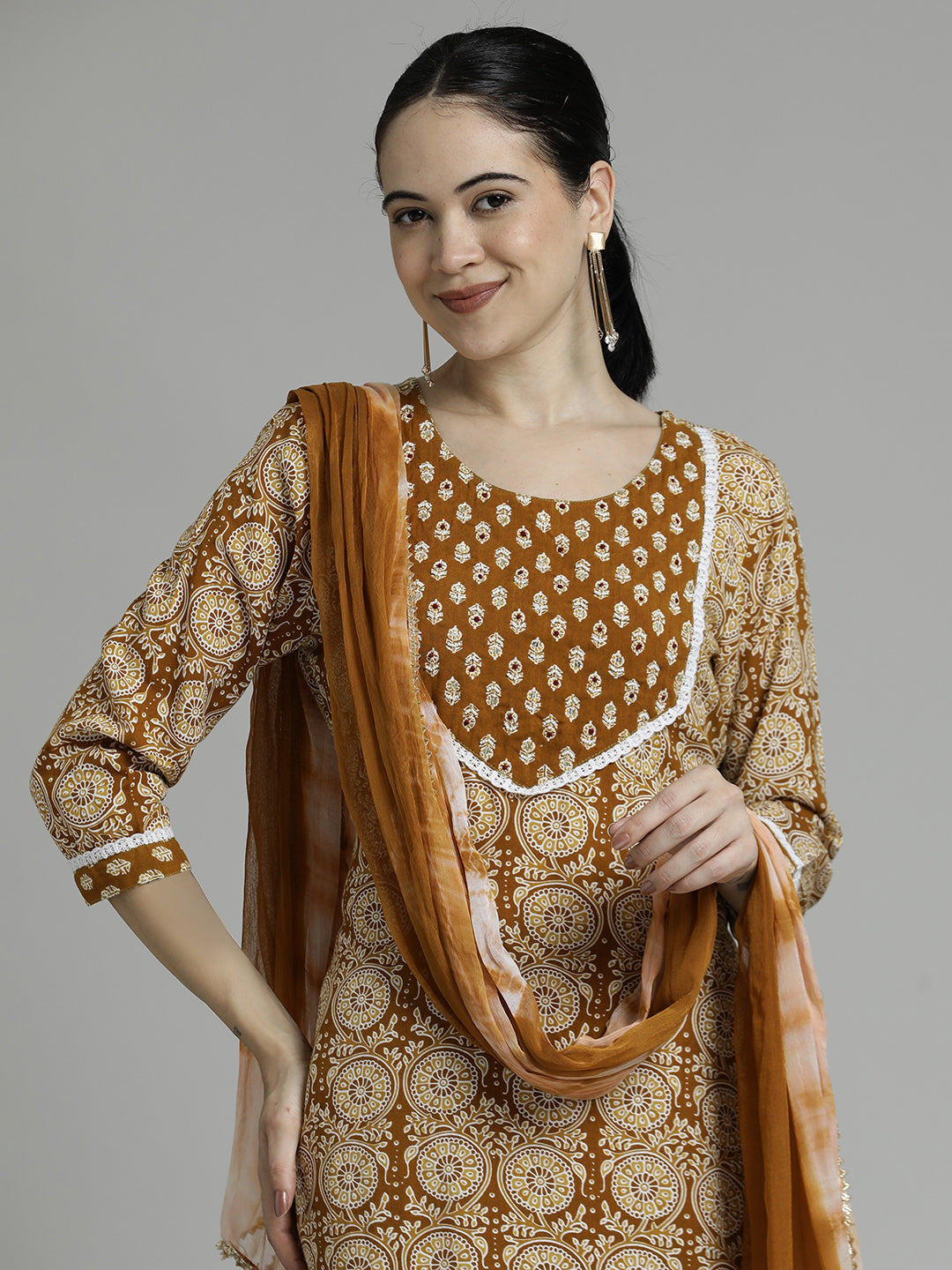 Ethnic Motifs Printed Straight Kurta With Palazzos & Dupatta