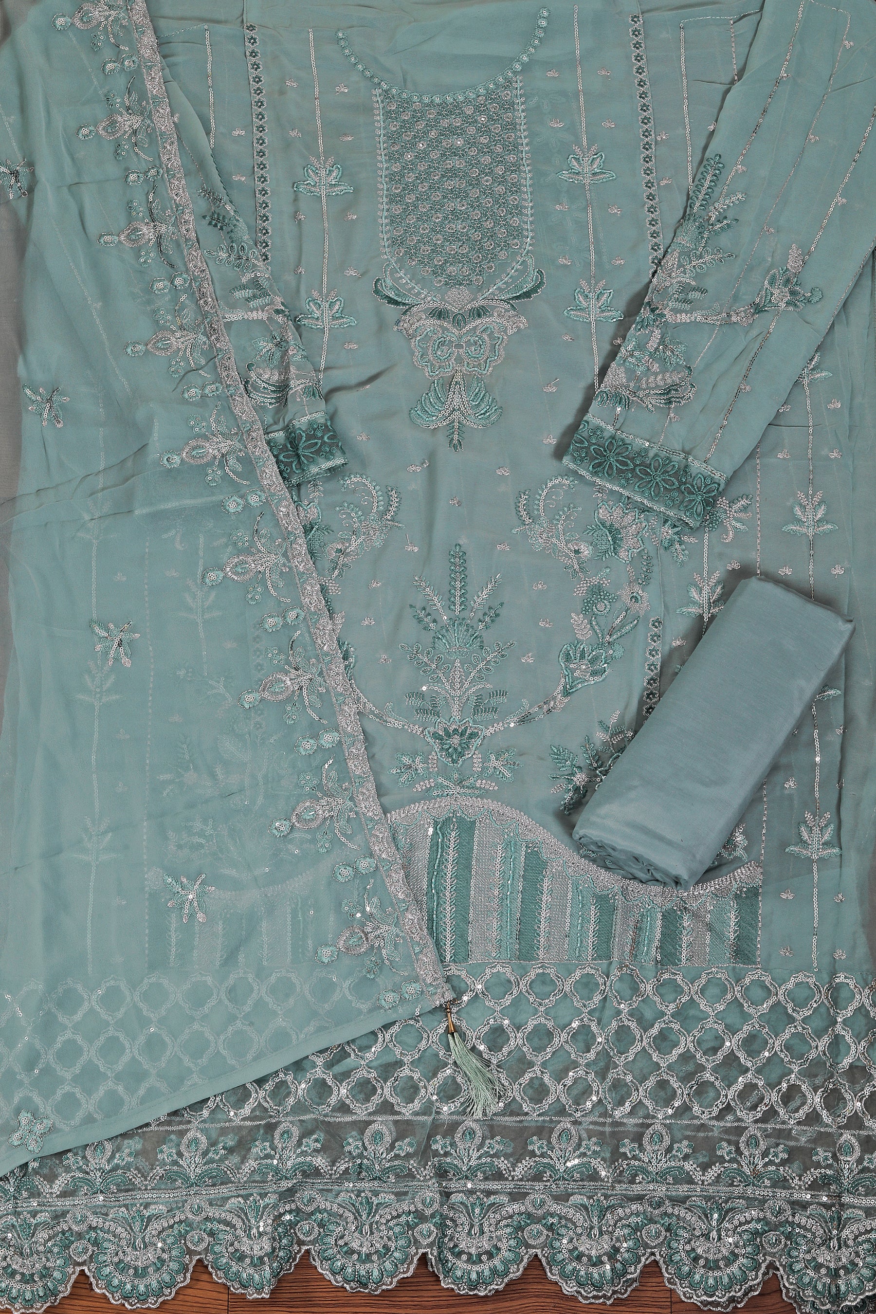 Teal Sequin Embroidered Poly Georgette Dress Material with Dupatta