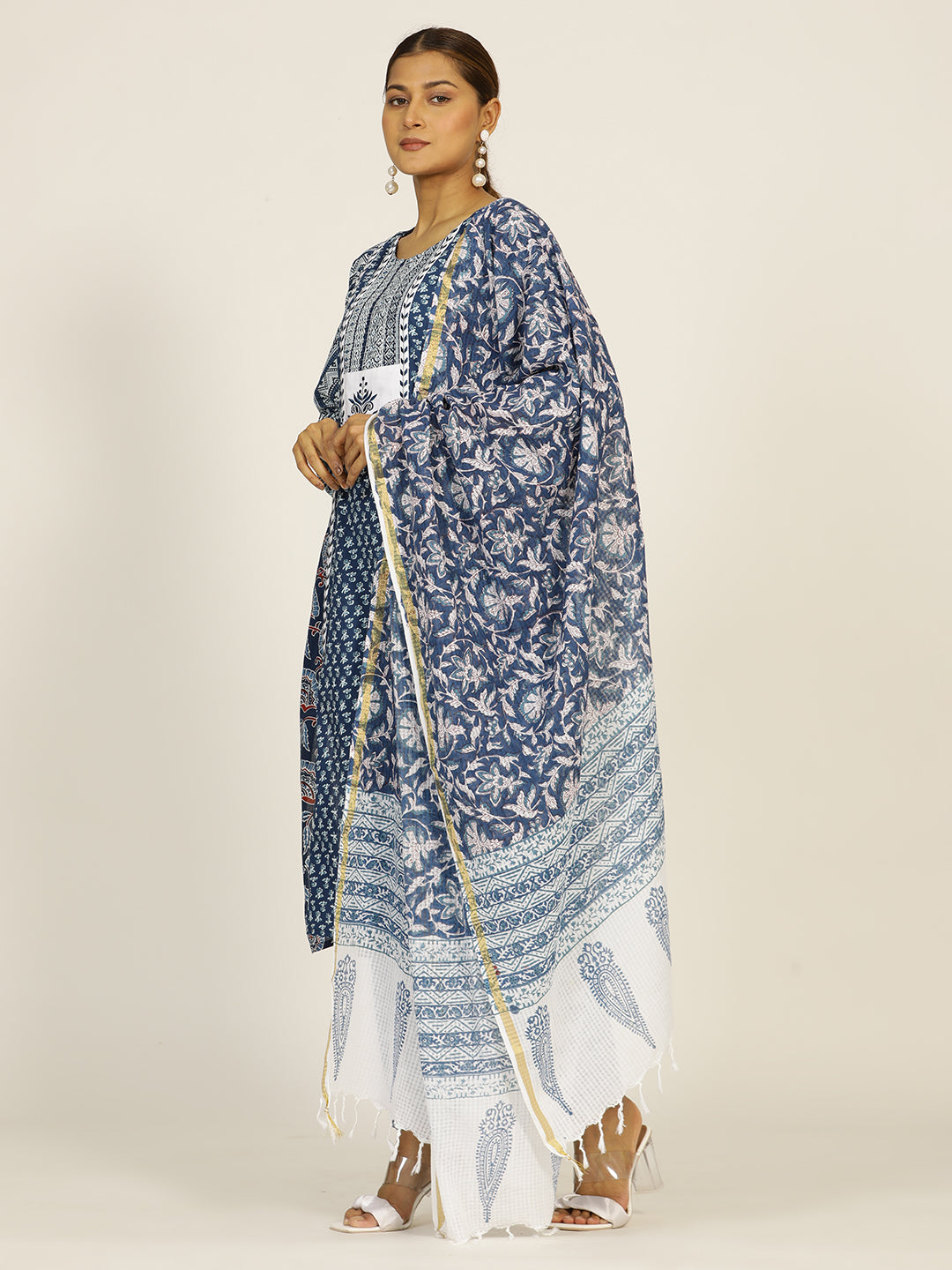 Indigo Blue Embroidered Cotton Straight Kurta