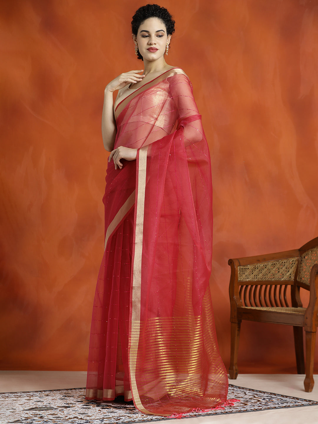 Pink Sequin Embellished Banarasi Organza Saree