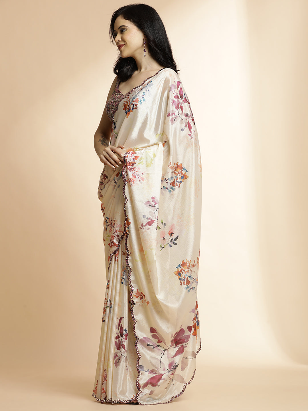 Cream Floral Printed Mirror Work Satin Saree