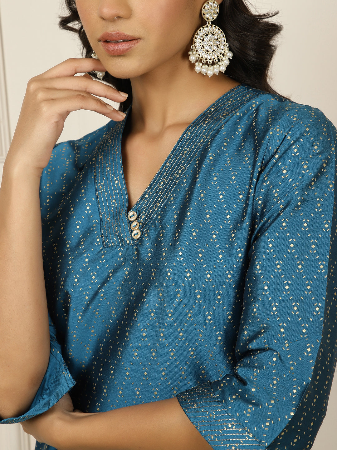 Teal Blue Ethnic Printed Straight Kurta