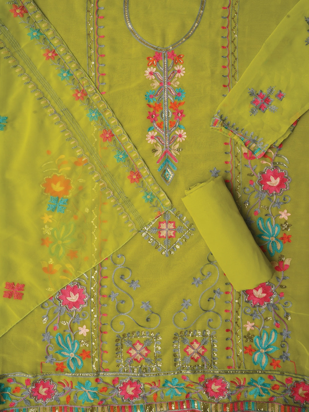 Light Green Sequin Embroidered Silk Georgette Dress Material with Dupatta