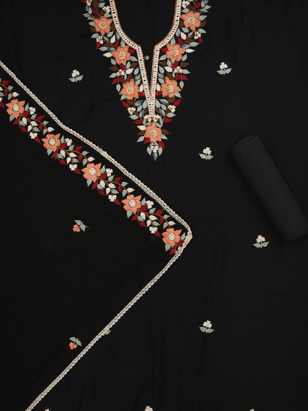 Black Pure Silk Lucknowi Embroidered Dress Material with Dupatta