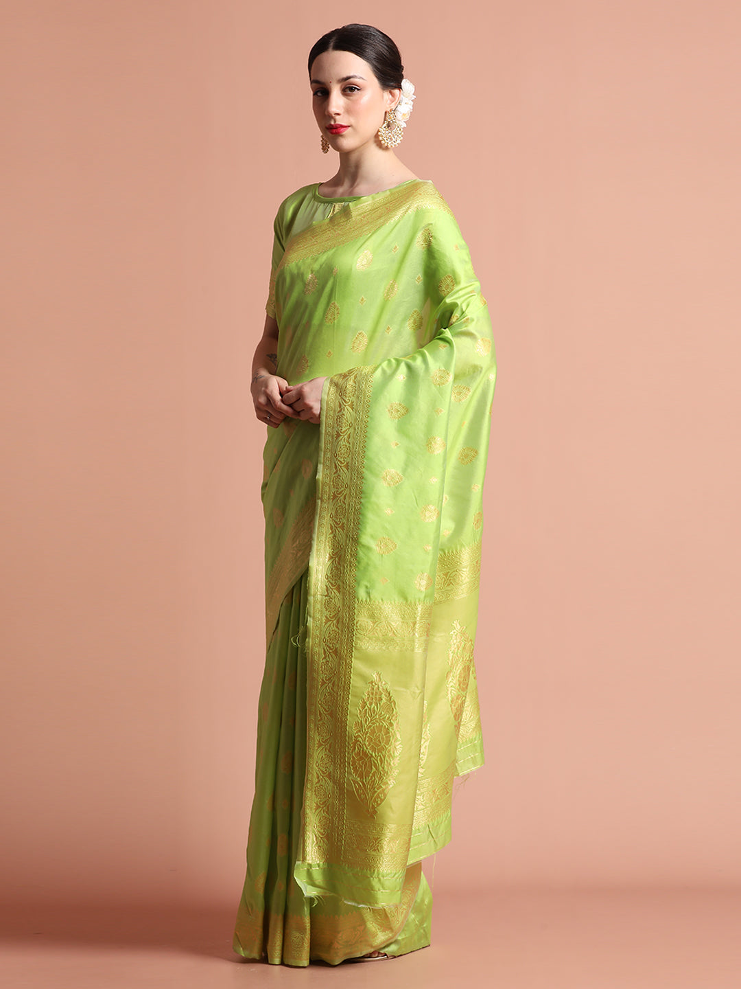 Heavy Banarasi Pista Green Zari Woven Silk Blend Saree