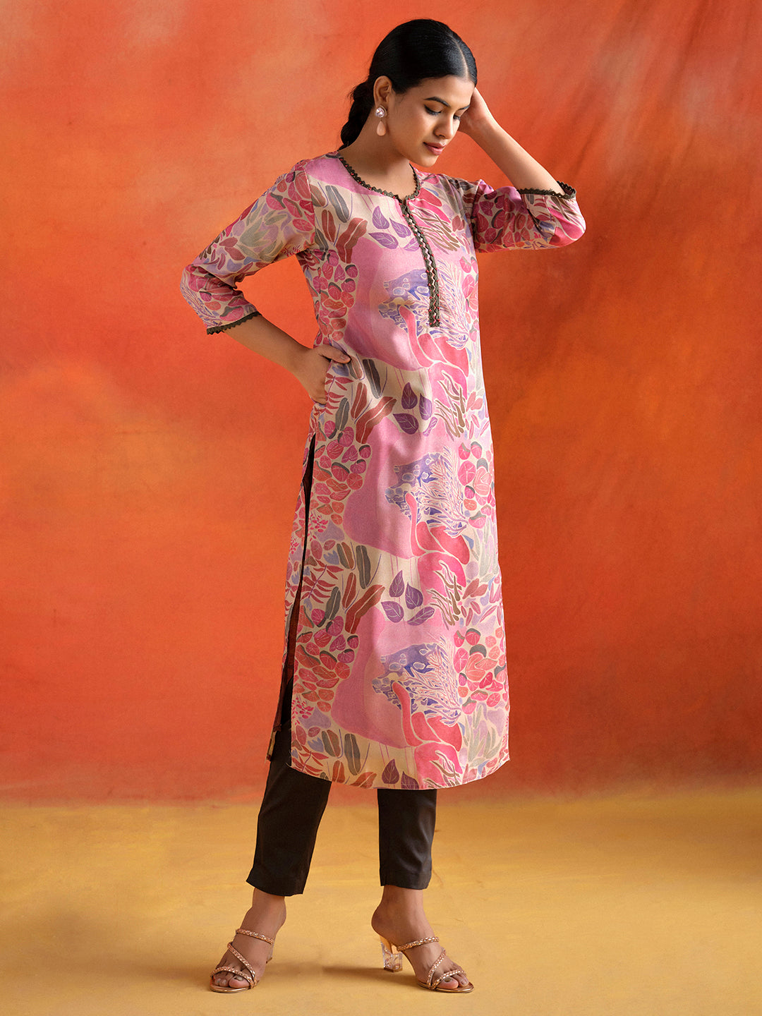 Pink Botanical Printed Embroidered Straight Kurta