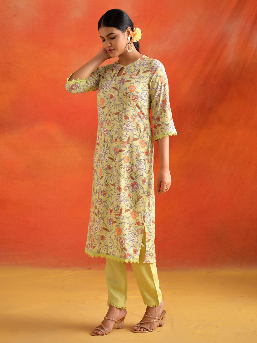 Lime Green Floral Printed Straight Kurta With Pants