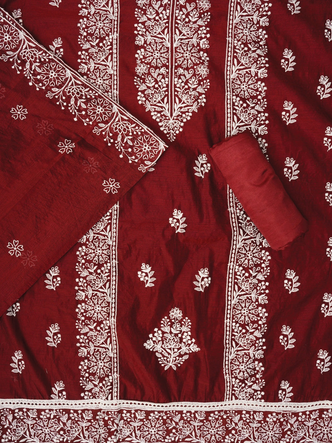 Maroon Zari Embroidered Organza Dress Material with Dupatta