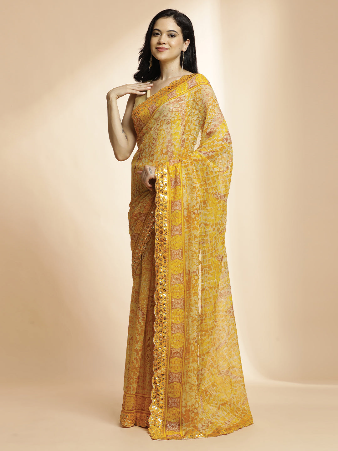 Sequin Embellished Tiger Printed Chiffon Saree