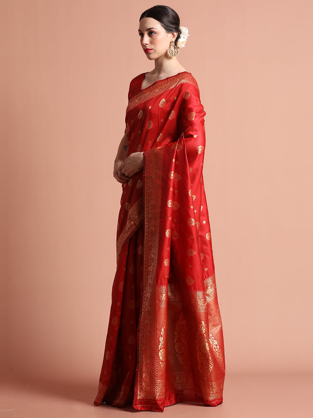 Red Heavy Banarasi Zari Woven Silk Blend Saree