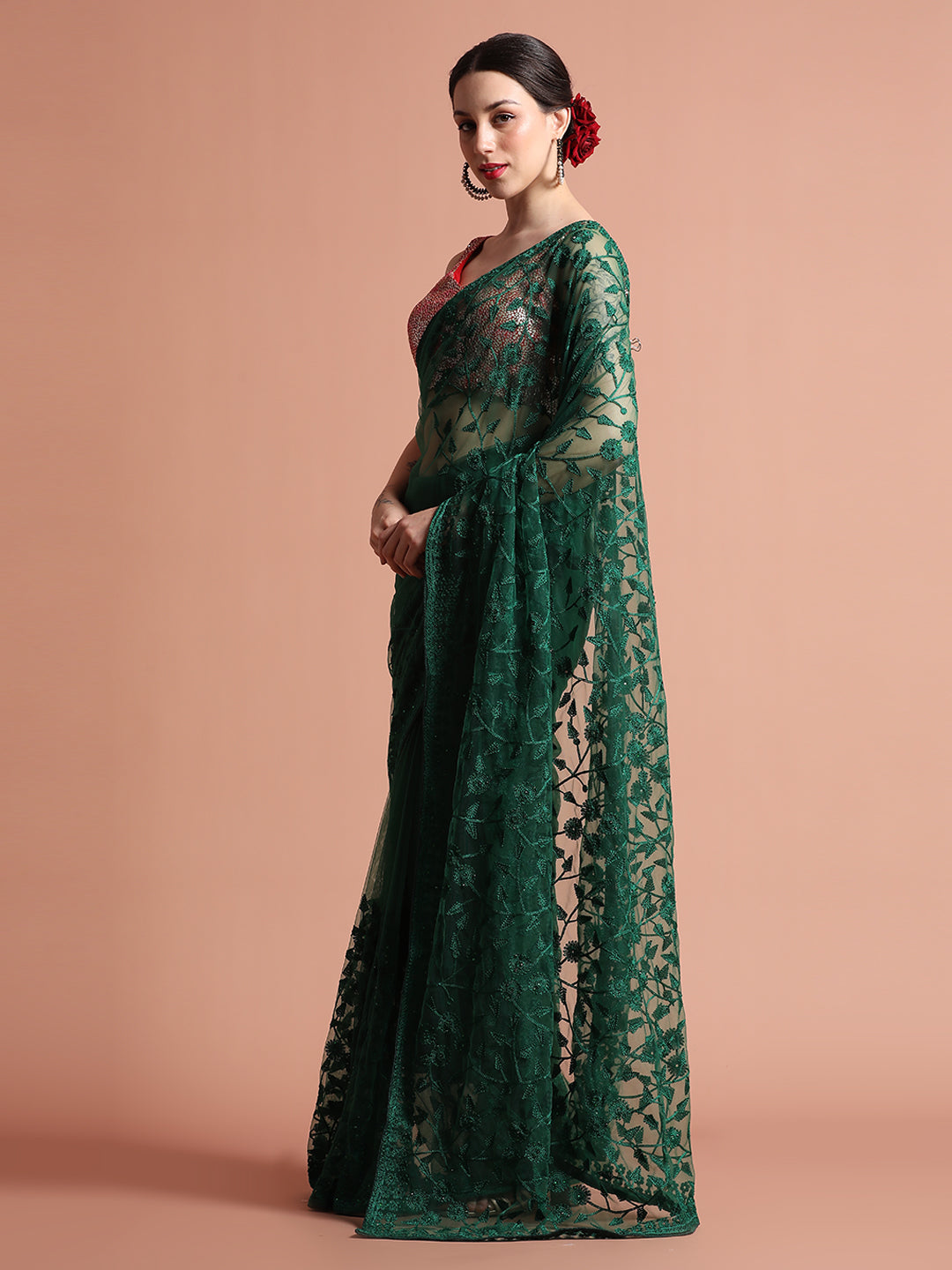 Olive Party Wear Floral Embroidered Net Saree