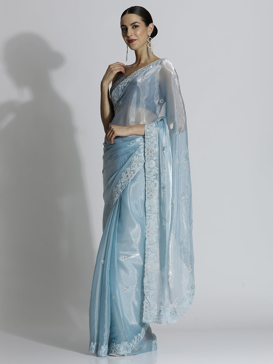 Party Wear Embroidered Tissue Blue Saree