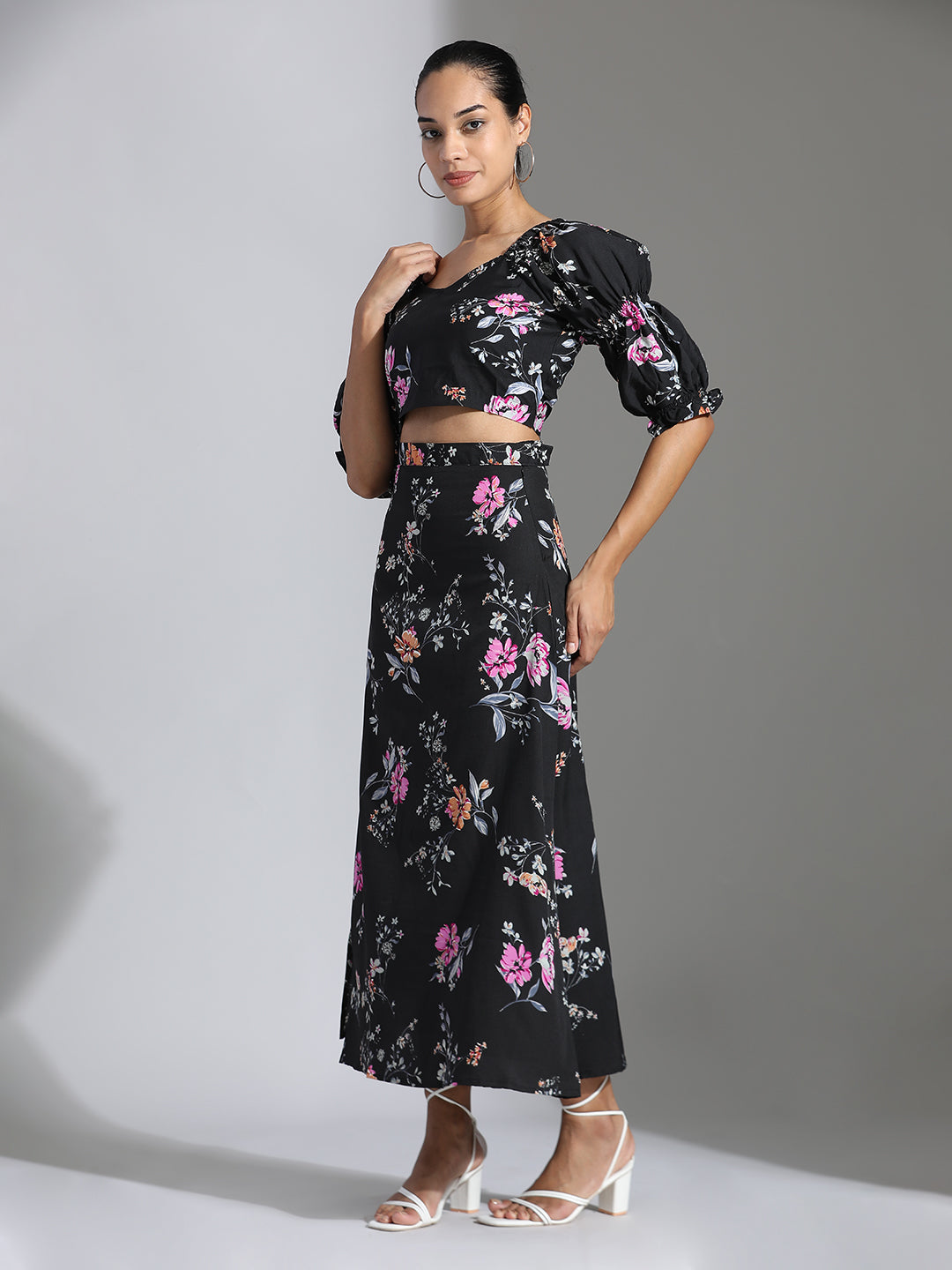 Floral Printed Crop Top With Skirt Black Co-ord Set