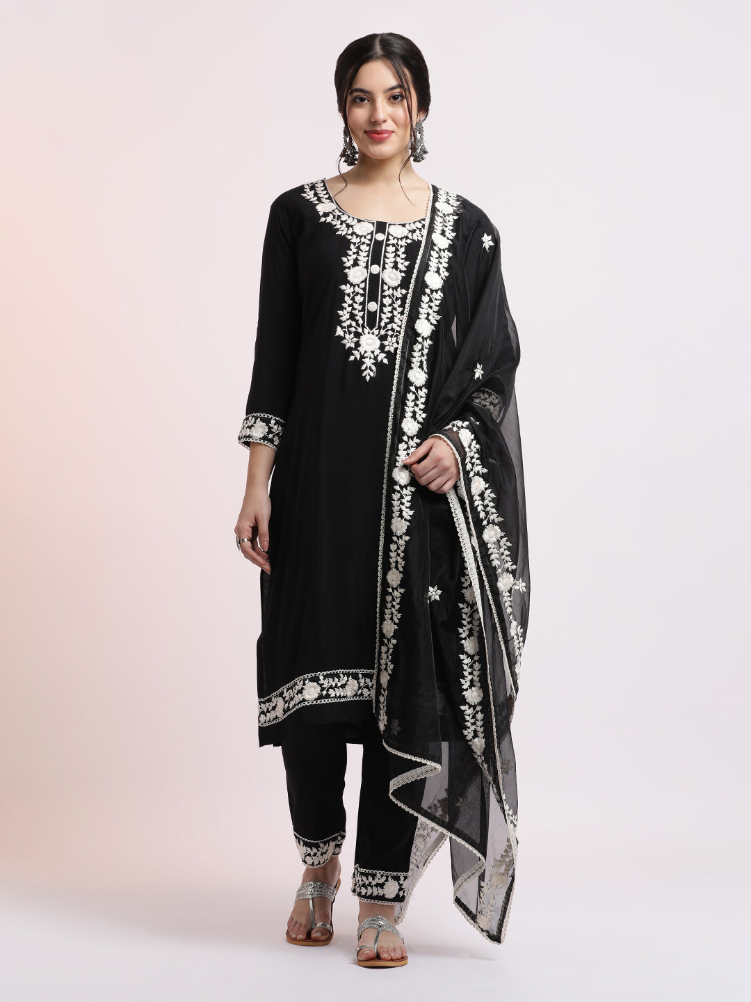 Black Floral Embroidered Festive Kurta Set With Dupatta