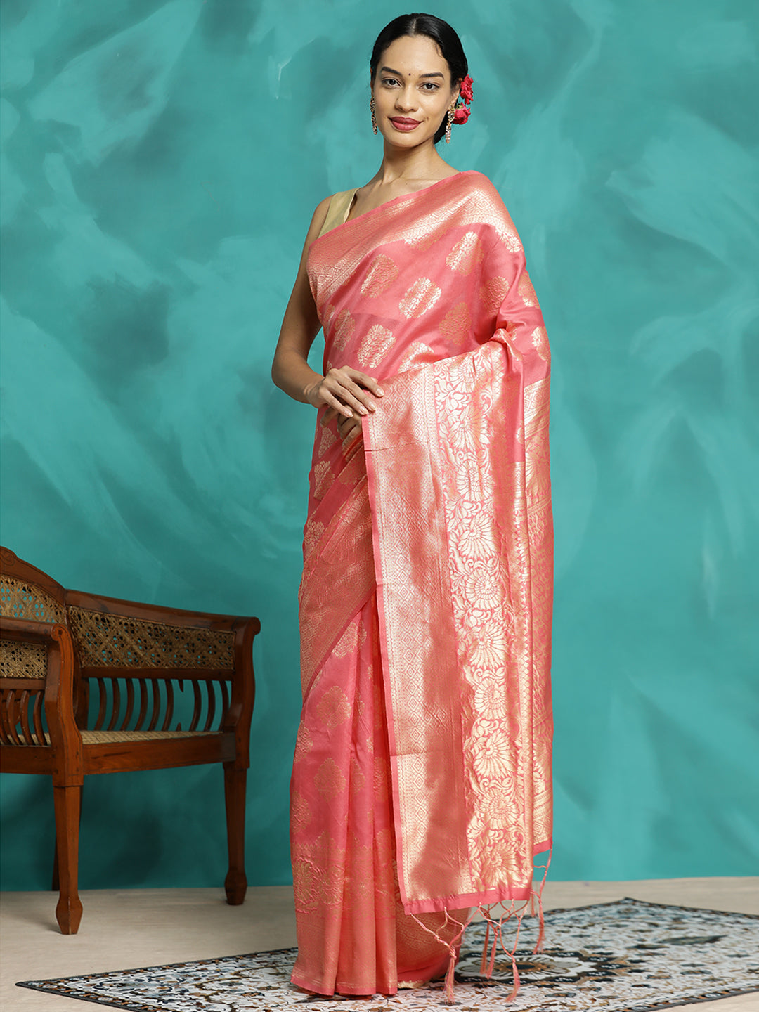 Peach Zari Woven Design Banarasi Saree