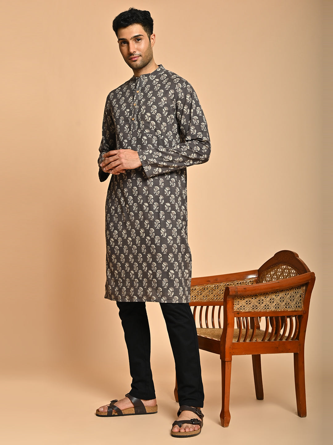 Brown Ethnic Motif Block Printed Cotton Kurta