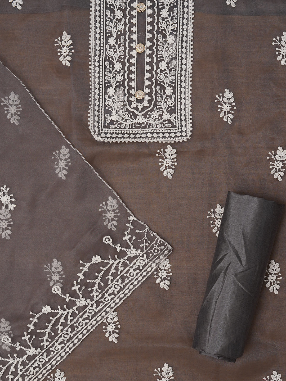 Grey Unstitched Embroidered Organza Dress Material With Dupatta