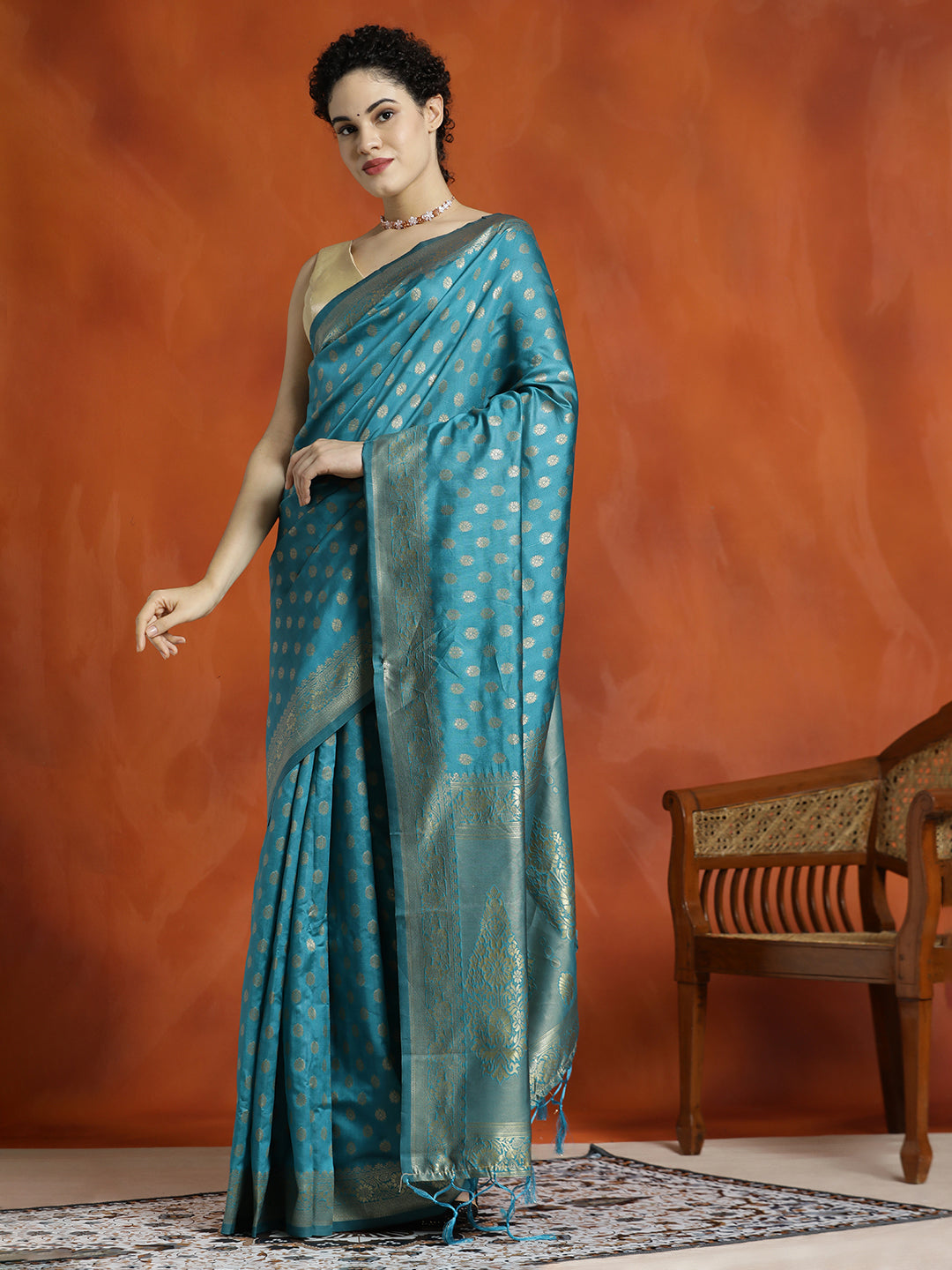 Teal Heavy Banarasi Zari Woven Silk Blend Saree