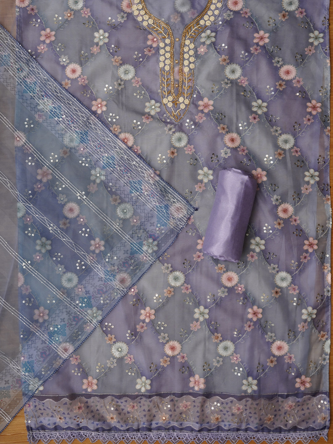 Sequin Embellished Organza Purple Dress Material with Dupatta