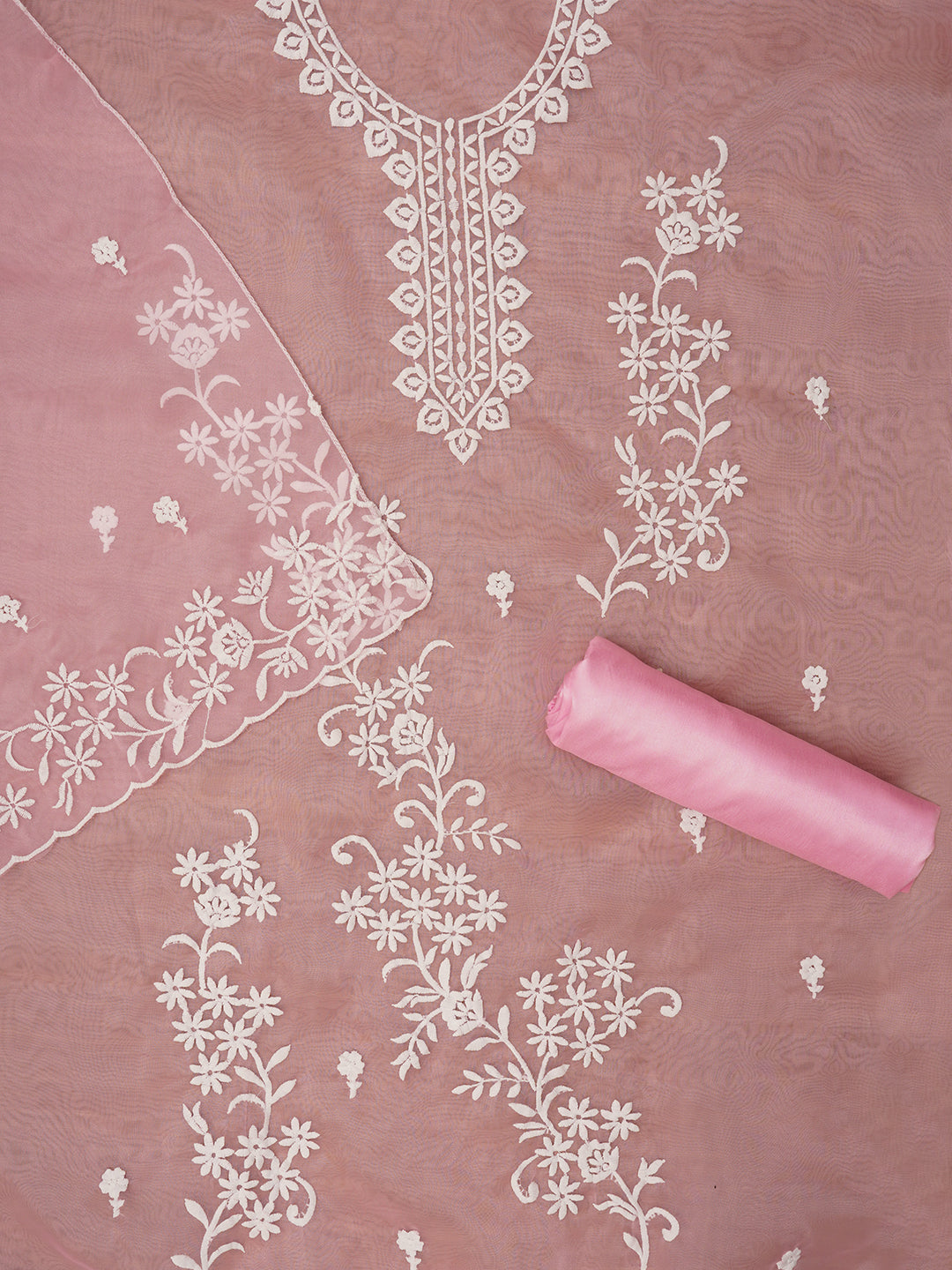 Pink Embroidered Organza Dress Material with Dupatta