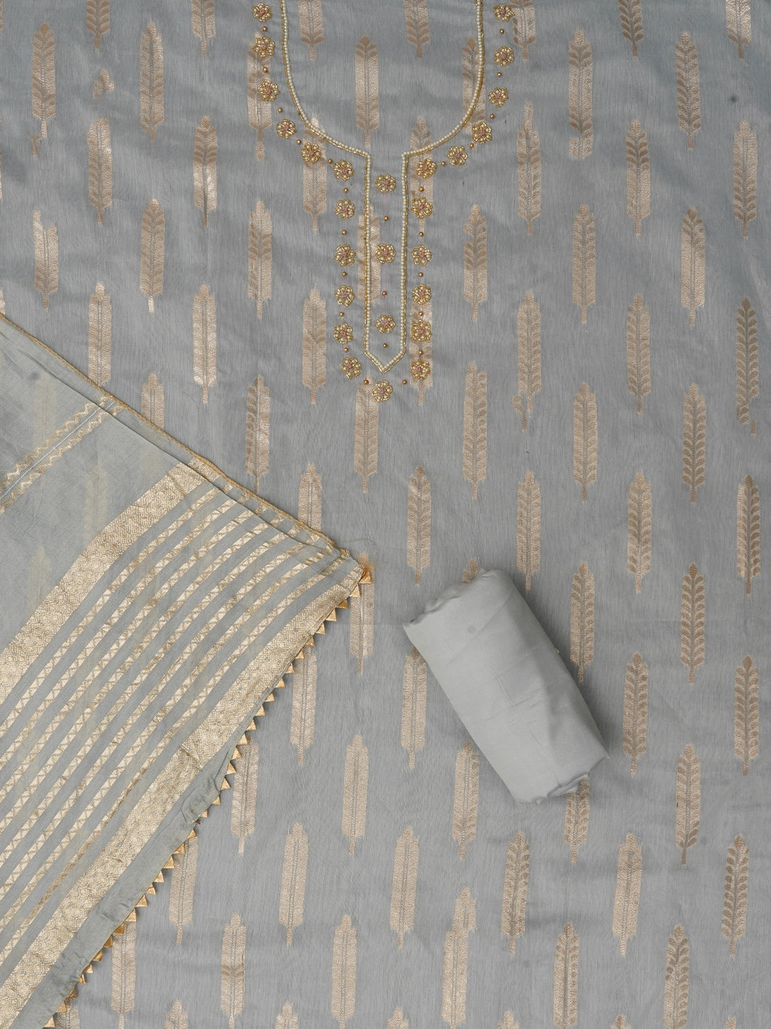 Grey Unstitched Zari Silk Blend Dress Material With Dupatta