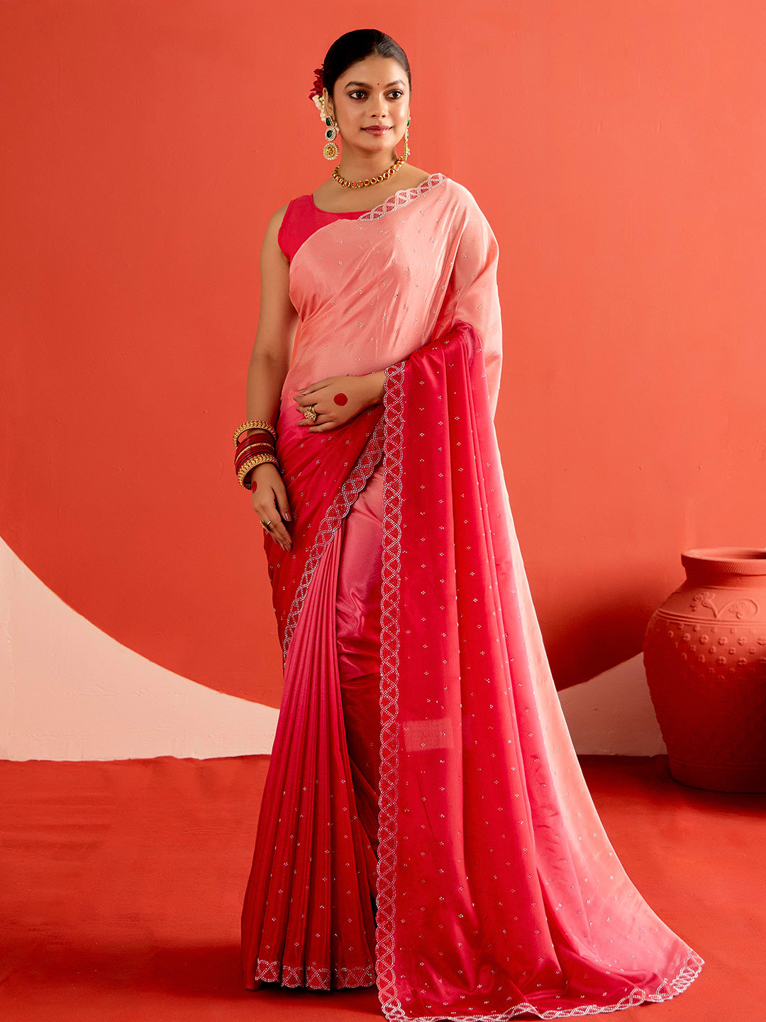 Satin Siroski Work Party Wear Pink Saree