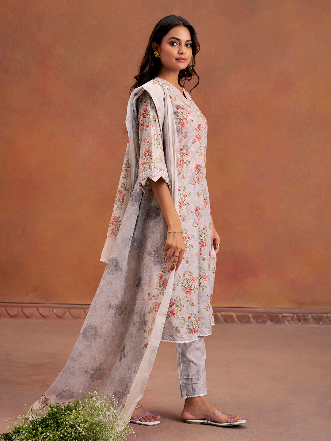 Grey Embellished Floral Printed Festive Kurta Set With Dupatta